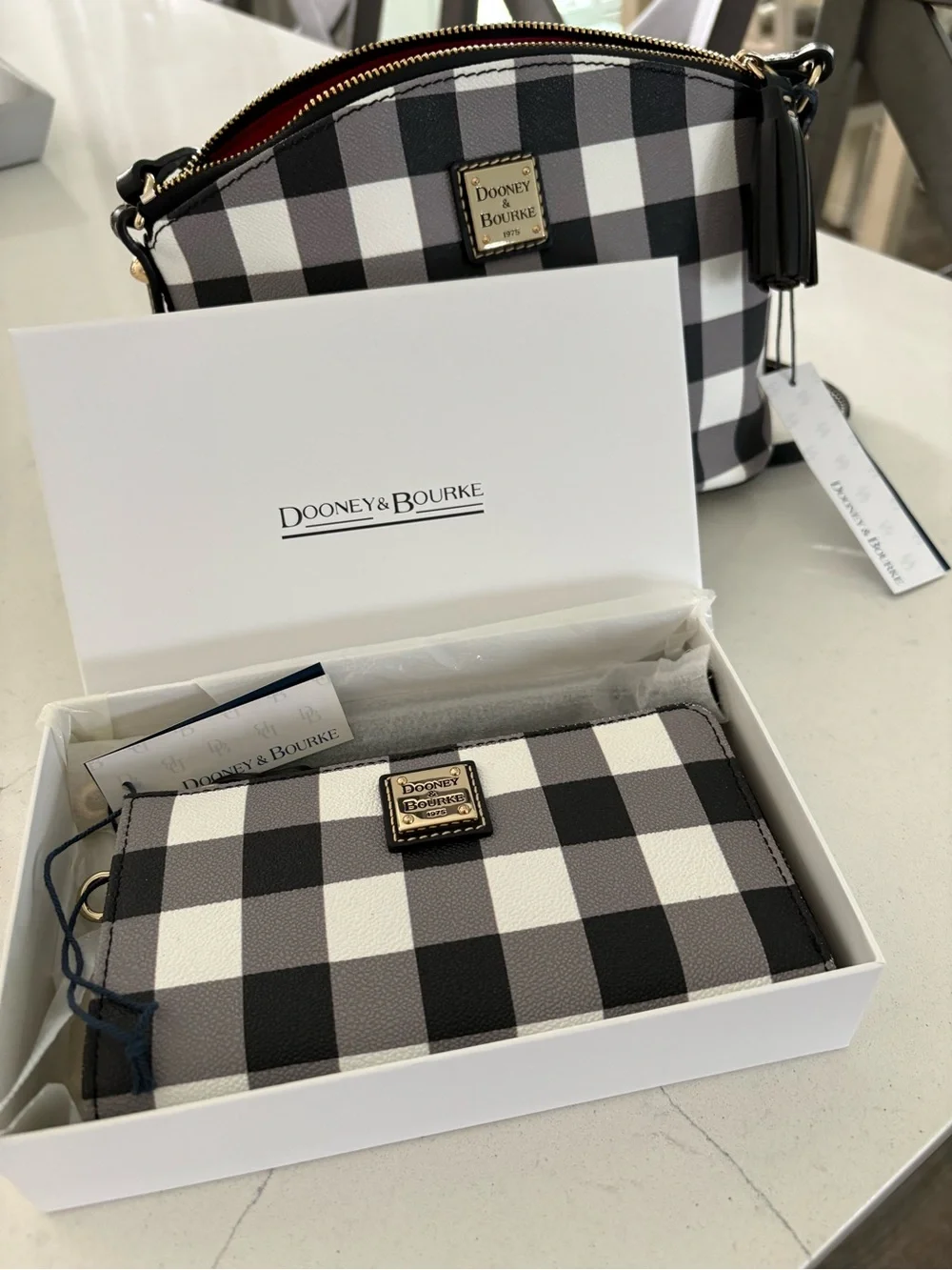 Dooney & Bourke Black, Gray and White Gingham Crossbody and Wristlet Set